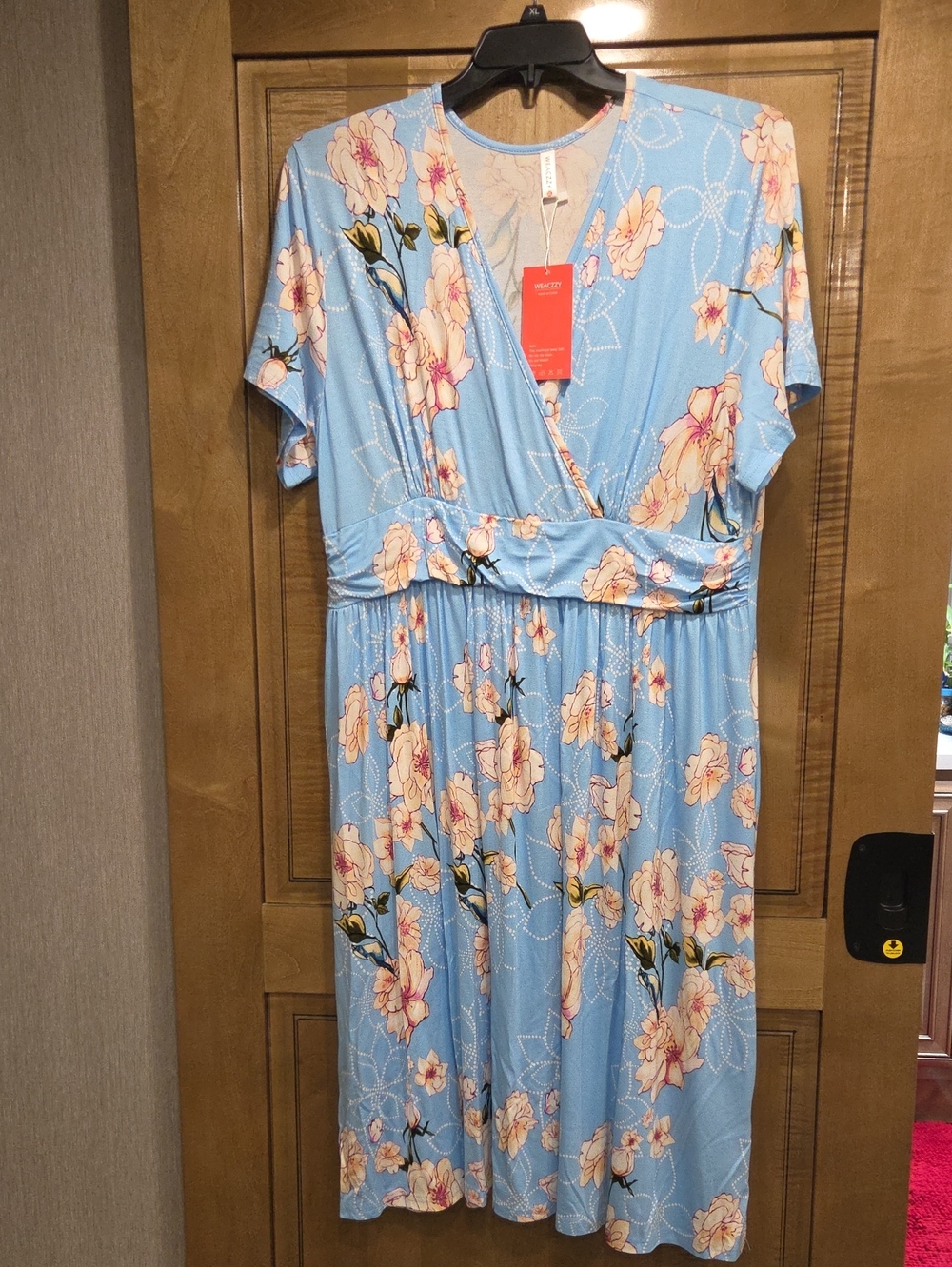 Sky Blue Floral Midi Dress with Wrap V-Neck